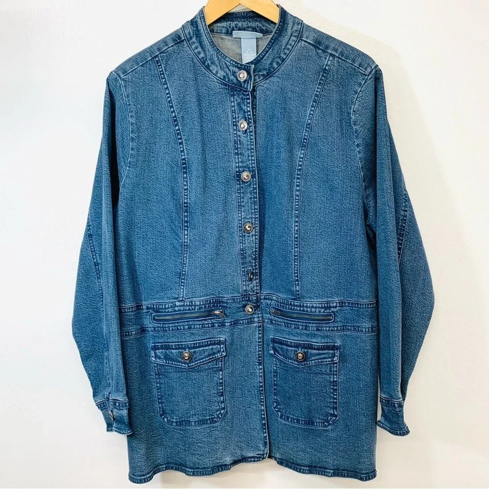 Liz & Me Denim‎ Blazer Jacket 14/16  Pockets Buttons Zippers Longer Line Stretch